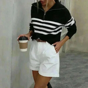 Black And White Casual Women's Polo Collar Striped Half Zip Pullover Sweater